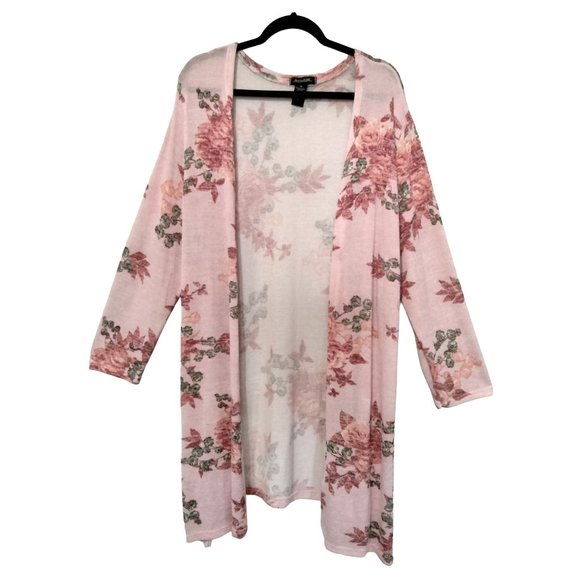 Rouge Collection Sweaters - ROUGE FLORAL OPEN FRONT SHEER MESH KNIT SIDE SPLITS LONGLINE CARDIGAN SIZE 4X